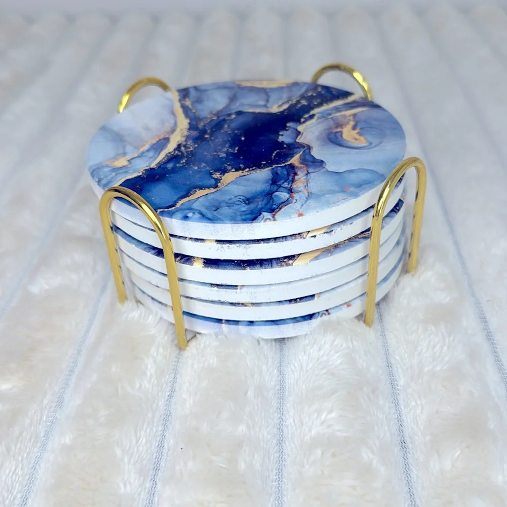 6 Pcs Navy Blue and Gold Marble Abstract Ceramic Coasters with Gold Holder